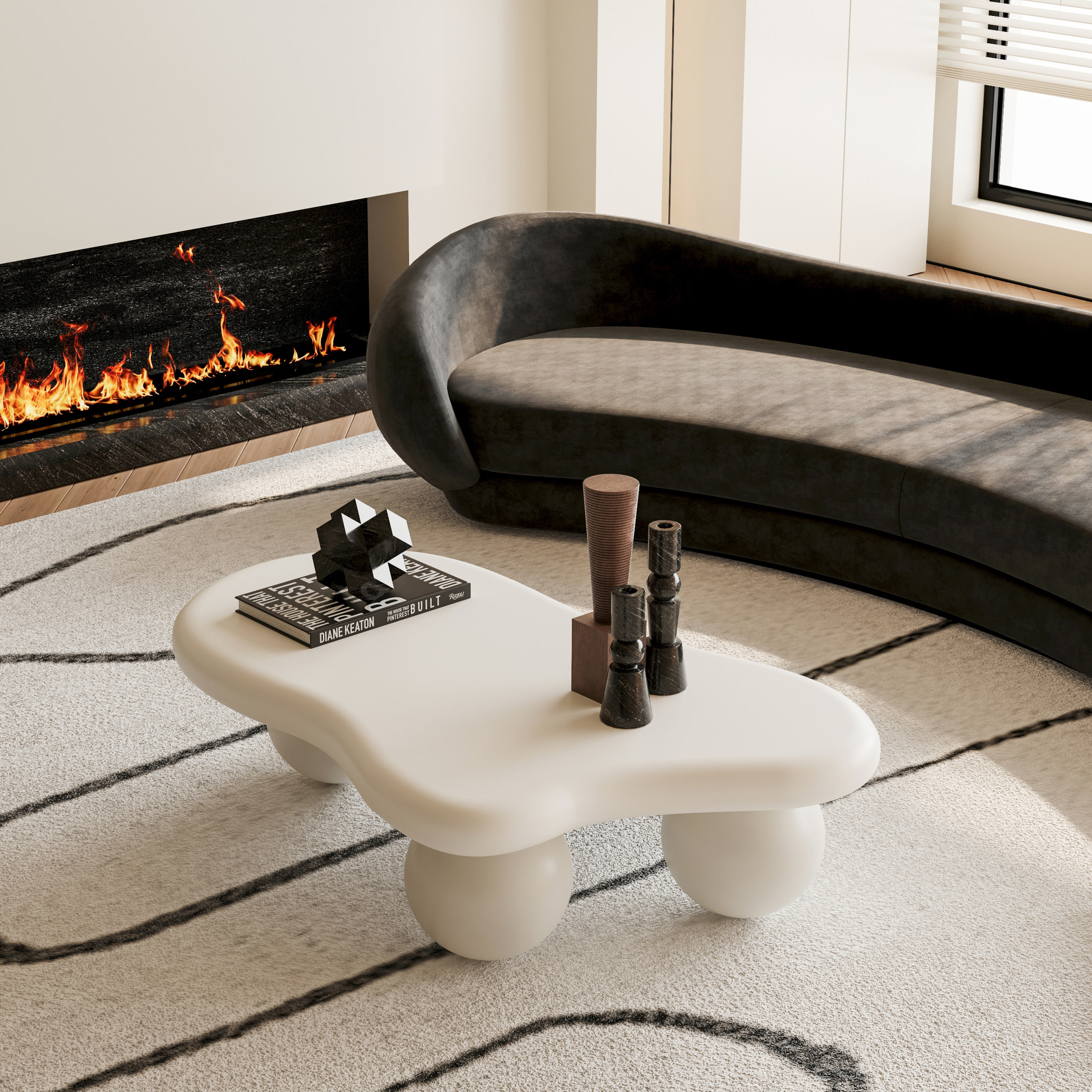 Noble House 40" Cloud Shaped Coffee Table with Ball Legs, Modern Aesthetic Accent Table for Living Room, White