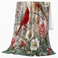 thumbnail image 2 of Cardinal Pair With Pink Roses, Romantic Naturalistic Botanical Illustration, Anniversary Gift for Bird And Rose Enthusiasts, Cozy Flannel Blanket and Home Decor for Living Room and Bedroom, 2 of 7