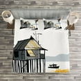 thumbnail image 3 of Ambesonne Coastal Quilted Bedspread Set 3 Pcs, Fishing Village Malay, Queen Size, Black Grey Orange, 3 of 3
