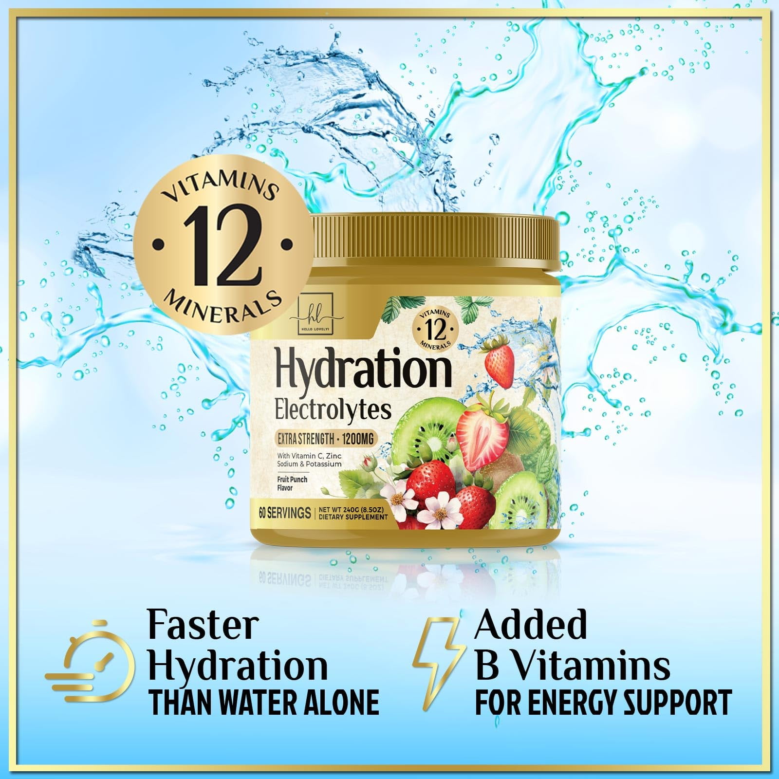 Hydration Electrolyte Drink Mix – Rapid Hydration Powder with 6 Electrolytes & Minerals Daily Replenisher Zero Sugar, Keto, Vegan, Non-GMO & Sugar-Free Electrolyte Powder Tub - 60 Servings