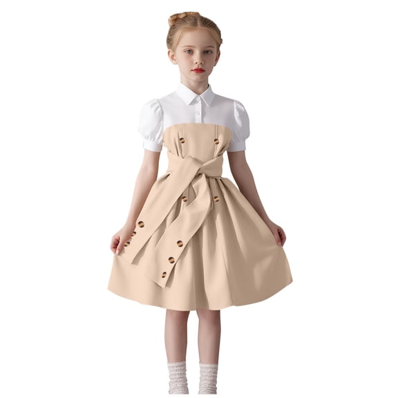 NAISIBABY Big Girls Dresses Size 10, Puff Sleeve Collar Fashion Buttons Casual Comfortable Uniform Dress (8-13T)