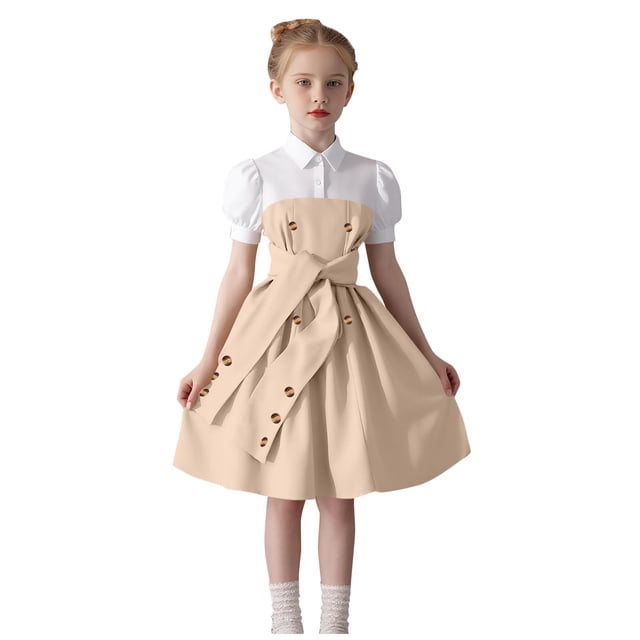 Ashirexll Robe d'Été pour Filles, Couleur Unie, Col à Revers, Manches Courtes, Décontractée, Tunique Ligne A, pour Ados et Enfants