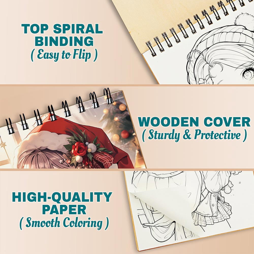 Netecom Kawaii Girls Christmas Coloring Book Spiral Bound for Adults, A5 Wooden Cover, 30 Joyful Coloring Pages of Anime Girls Enjoying the Xmas Holiday for Stress Relief and Relaxation