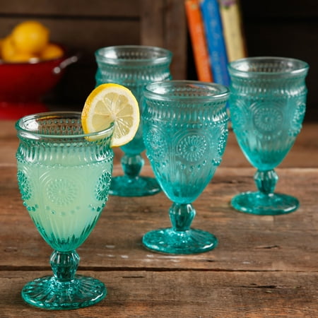 The Pioneer Woman Adeline Embossed 12oz Footed Glass Goblets, Set of 4