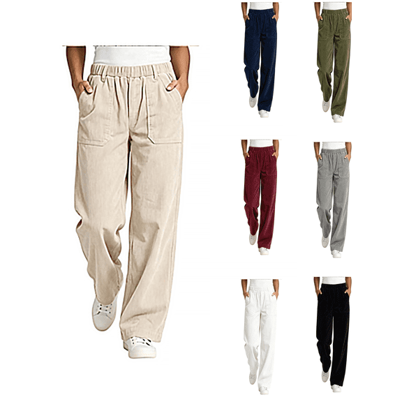 Atkumj Corduroy Pants Women Comfortable Elastic High Waist Straight Leg Pants Casual Solid Color Loose Womens Travel Pants for Daily Wear S