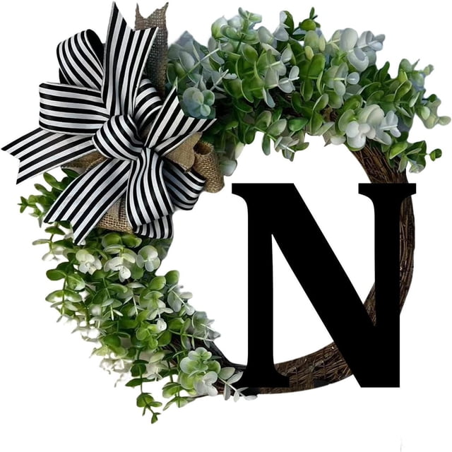 26 Letters Decorative Wreath Door Hanging Home Decor Letters With Bow Knot Pendant Rattan Ring Wall Decoration Window Decoration Pendant