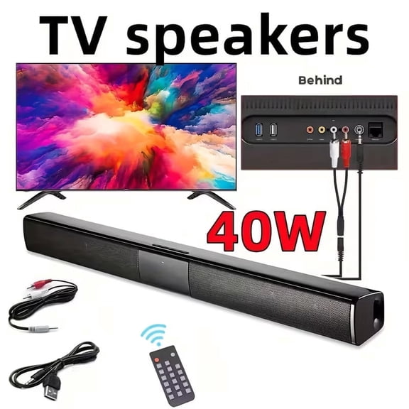 Wireless TV Soundbar with Built-in Surround Sound, High Power Stereo Speaker for TV PC Home Theater, Bluetooth AUX FM