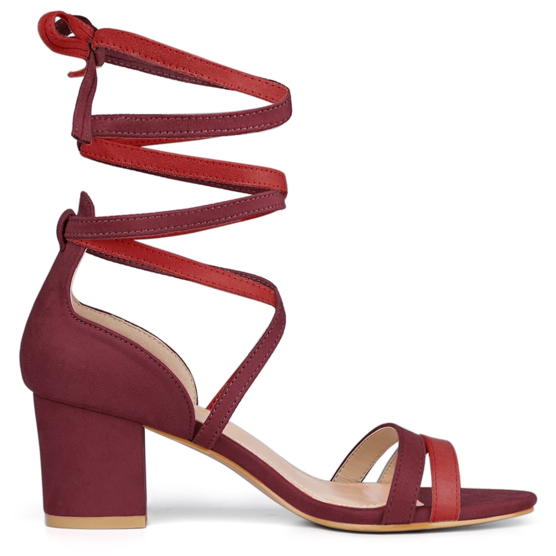 DARING DIVA Women's  Fashion Open Toe Lace Up Color Block Heel Sandals Burgundy Red 7.5