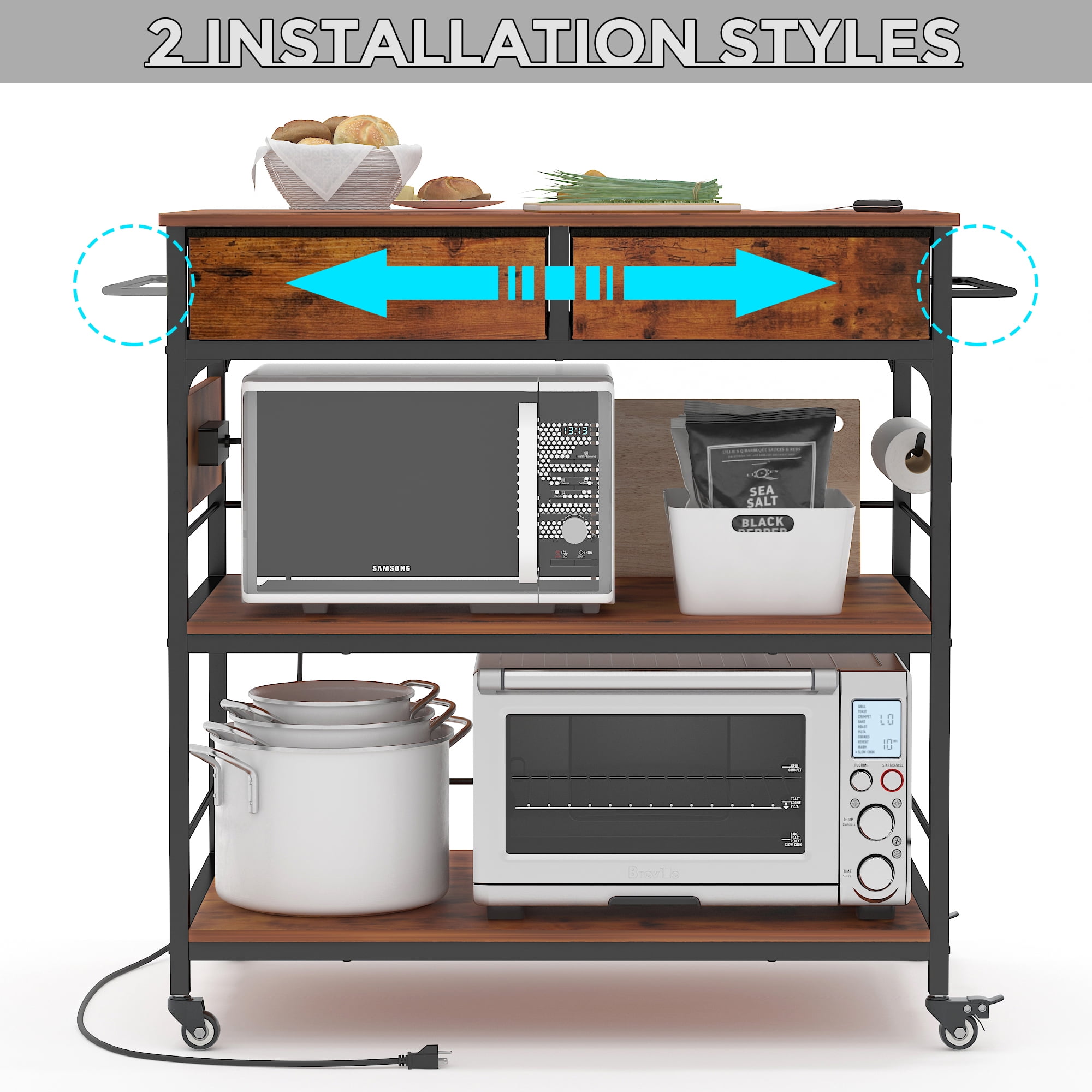 Chnnmbrn Wood Kitchen Island Brown Rolling Cart with Power Outlet Microwave rack