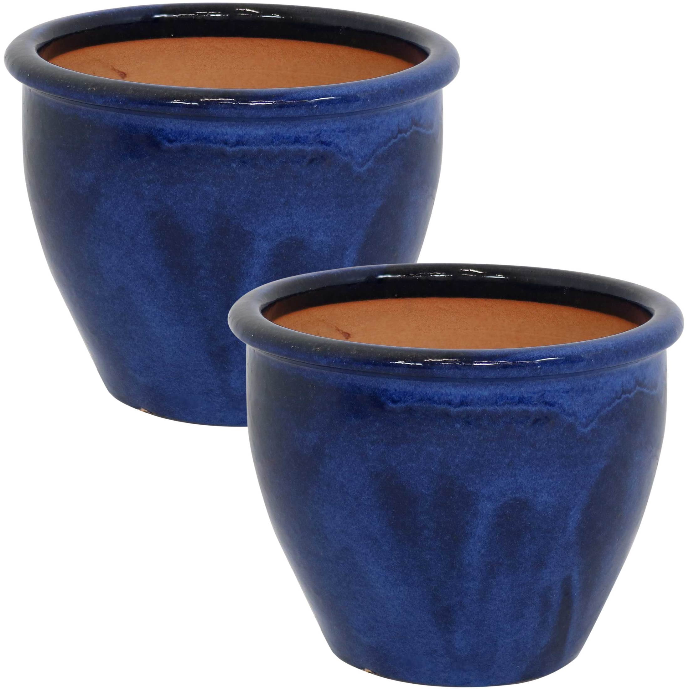 Sunnydaze Chalet 11.75" x 11.75" x 9.5" Round Imperial Blue Ceramic Outdoor Planter 2-Count