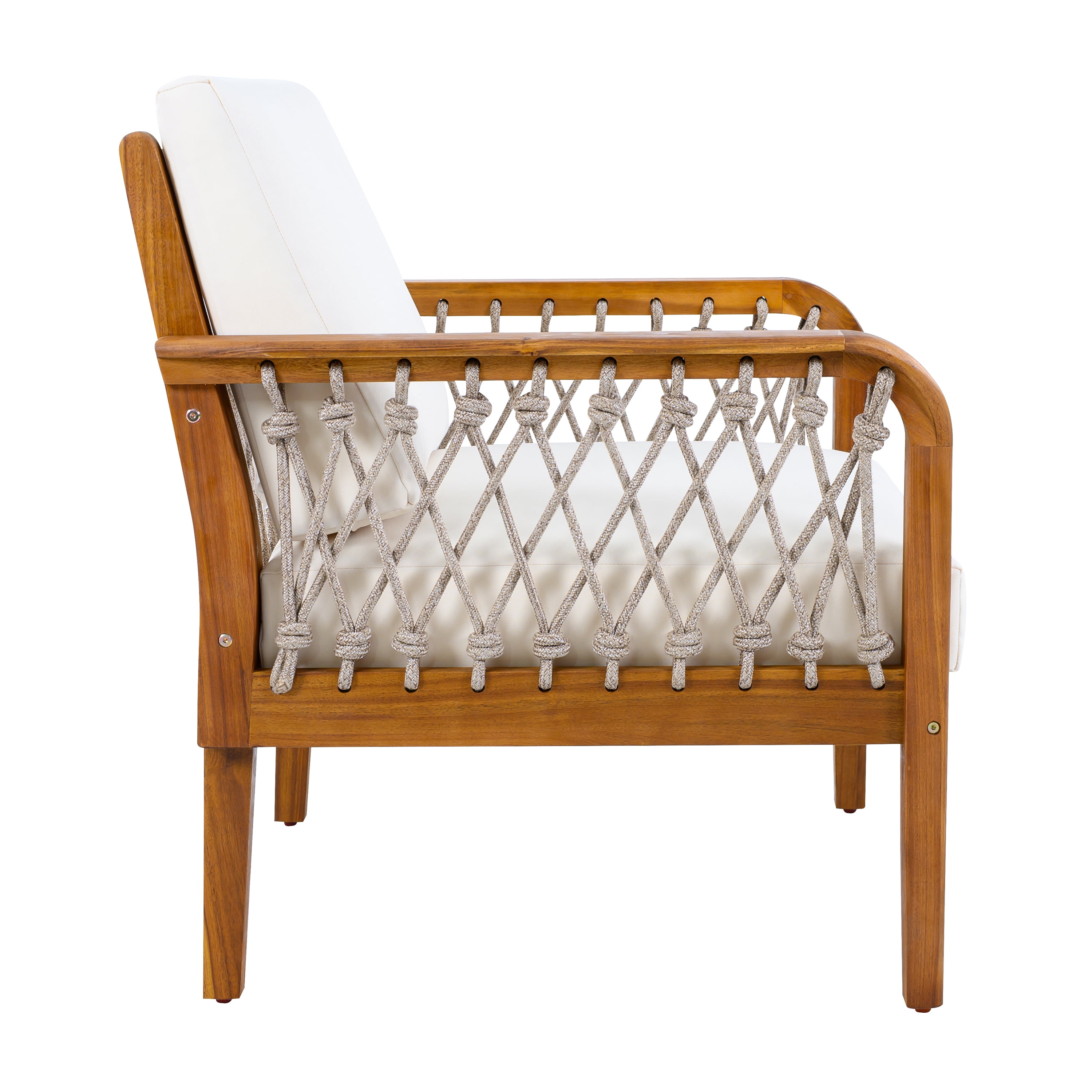 Club Chair, Outdoor Acacia Wood Chair with Handwoven Rope for Patio Garden, Teak and Cream