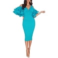 thumbnail image 1 of Color sólido volantes mangas fuera del hombro cuello en V elegante sexy fiesta vestido de noche vestido midi vestido delgado Ormromra WRMH-225-12, 1 of 6