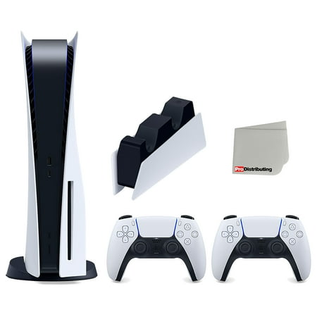 Sony Playstation 5 Disc Version Console with Extra White Controller and DualSense Charging Station Bundle with Cleaning Cloth