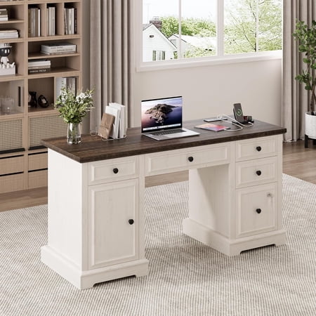 GLZ'HOME 59" Executive Desk, Farmhouse Computer Desk with Drawers, Lockable File Drawer, Storage Cabinet & Power Outlet, Rustic Home Office Desks, Workspace for Work Study Writing, White