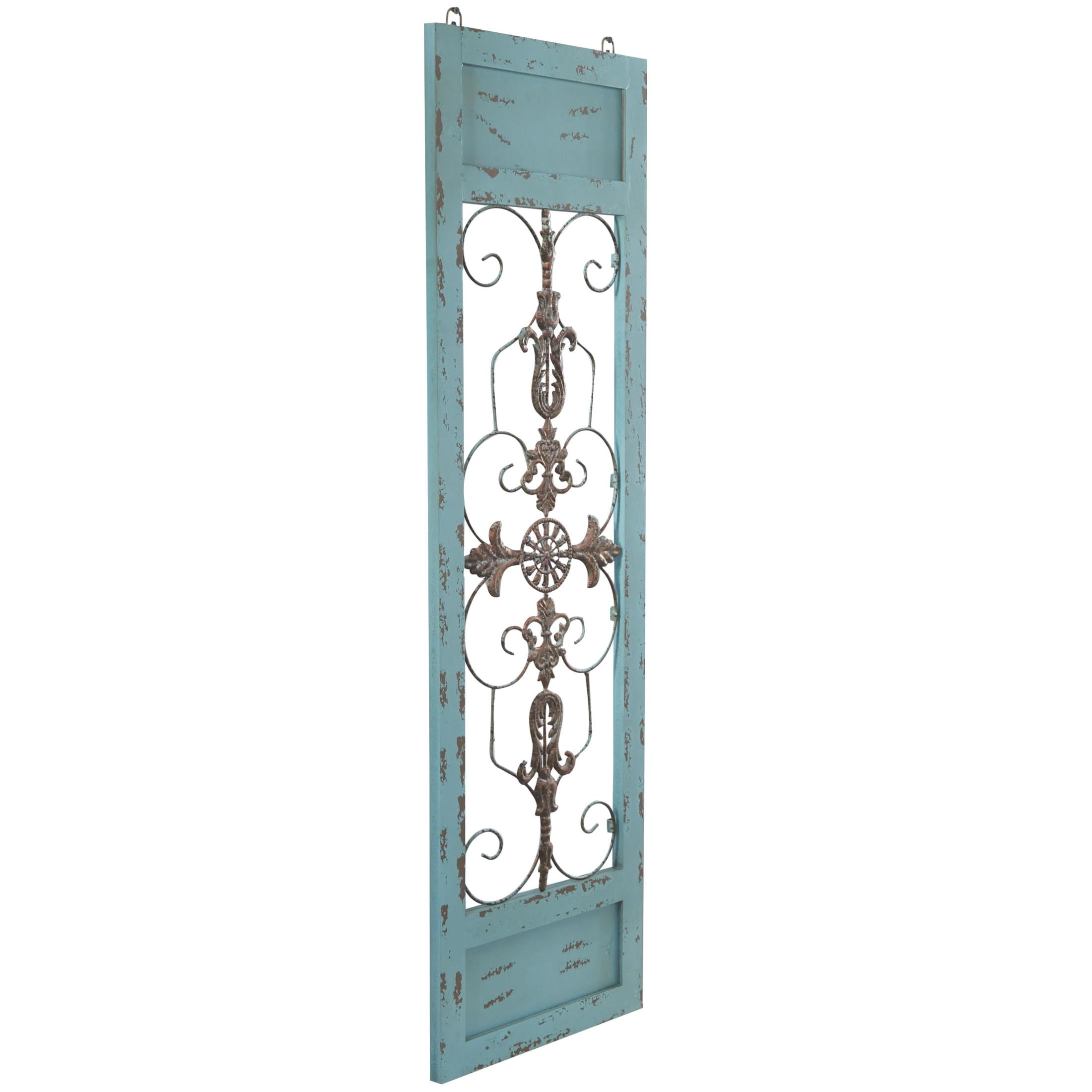 DecMode Teal Wood Arabesque Scroll Wall Decor with Metal Fleur De Lis Relief