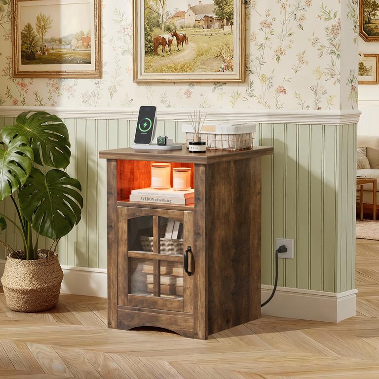 Homall Nightstand with Charging Station & Adjustable LED Lights, End Table Bedside Table with Glass Door & Open Shelf for Bedroom Living Room, Brown
