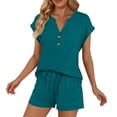 thumbnail image 4 of gbyLJF Womens Summer Clothes Sets Two Piece Outfits Solid Color Short Sleeve T-shirts and Shorts with Pockets Sets Blue,S, 4 of 5