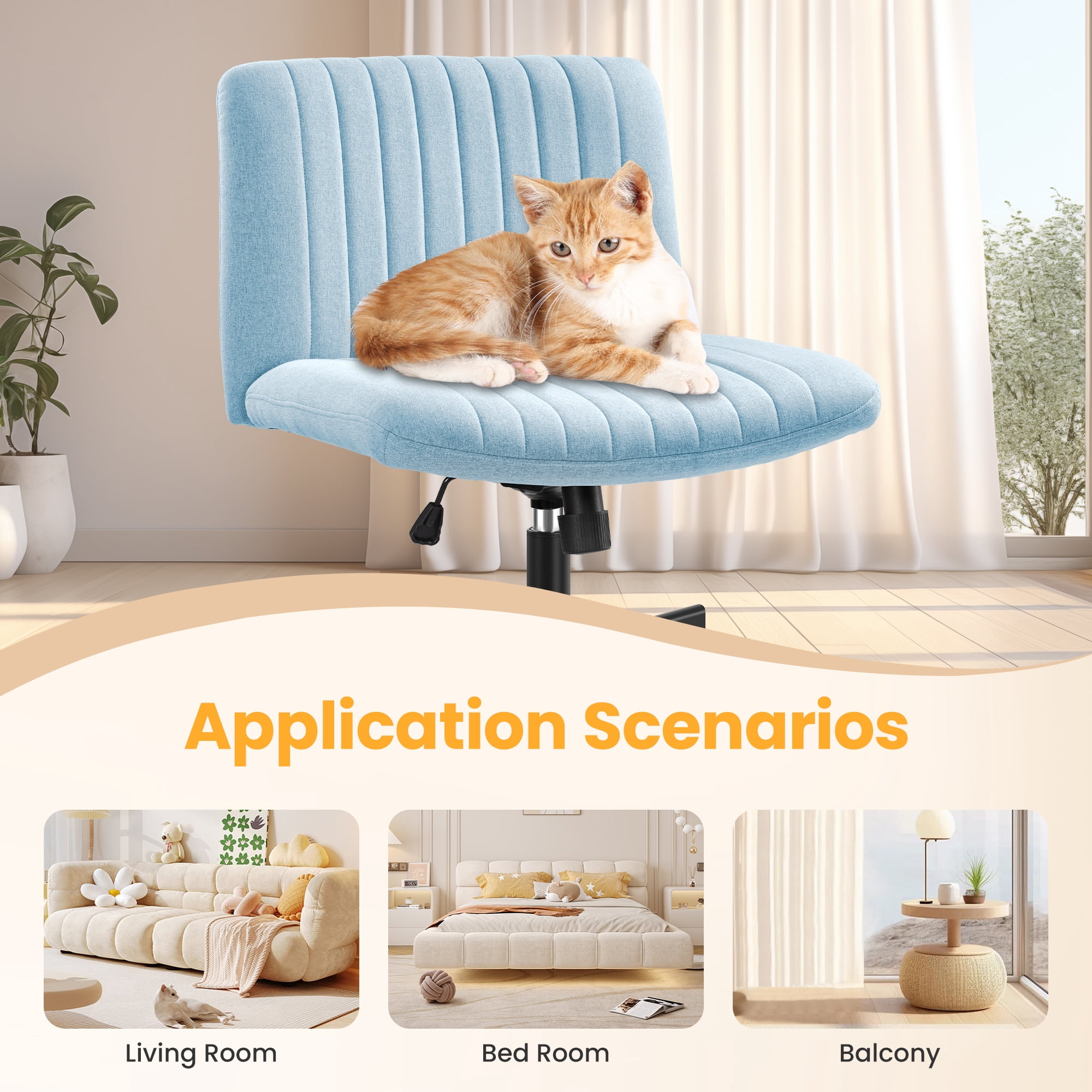 COOLHUT Office Chair Armless Criss Cross Legged Chair with Wheels, Linen Fabric Comfy Home Office Desk Chairs, Wide Seat Vanity Task Computer Chair, Light Blue