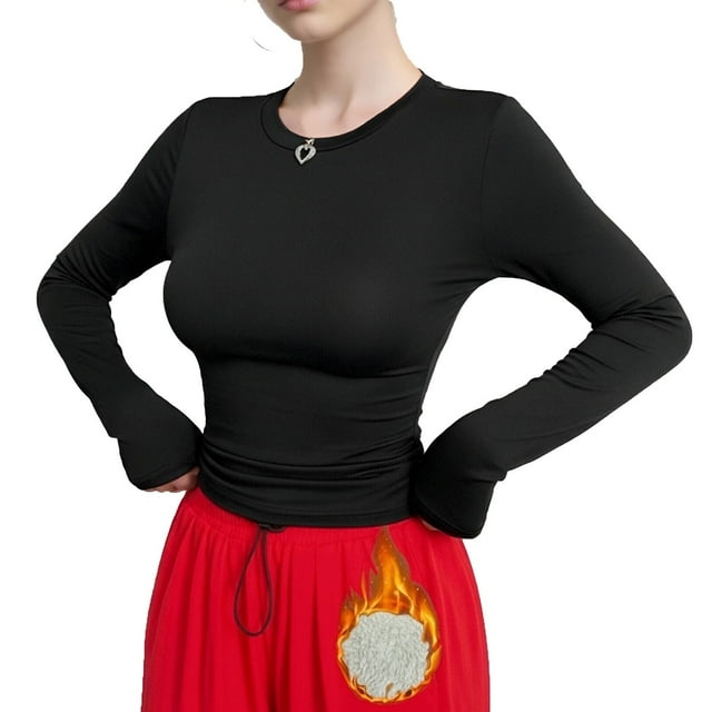 MIASHUI sous-Vêtements Thermiques Épais Doublés en Molleton Décontractés pour Femmes Col Rond Polyester Manches Longues Haut Chaud Couche de Base Noir,TTG