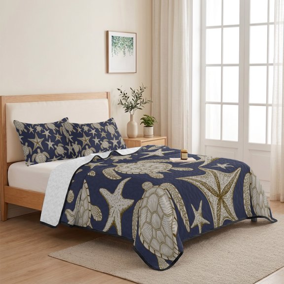 3 Piece Summer Bed Quilt Set Twin XL Size,Sea Turtles Sea Stars Lightweight Bedspread Coverlet with 2 Pillowcases Marine Life on Deep Blue Soft Comforter Bedding Quilts for All Season