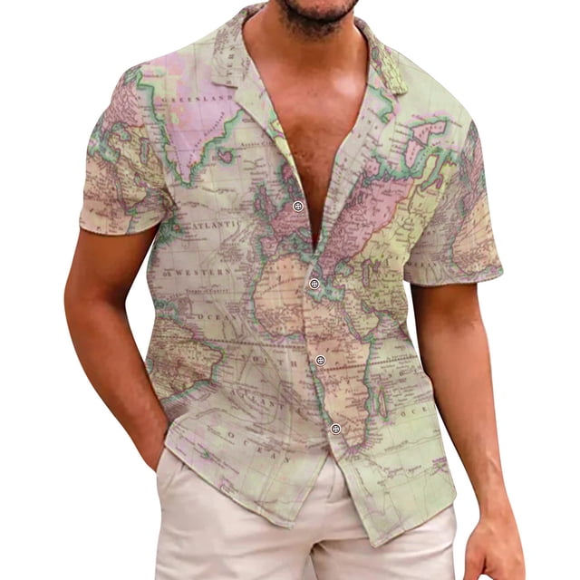 Camisas Para Hombre Manga Larga De AlgodóN Camisas informales de para hombre, camisa holgada con botones estampados y cuello vuelto, camiseta de manga corta, camisa de playa hawaiana (Green, L)
