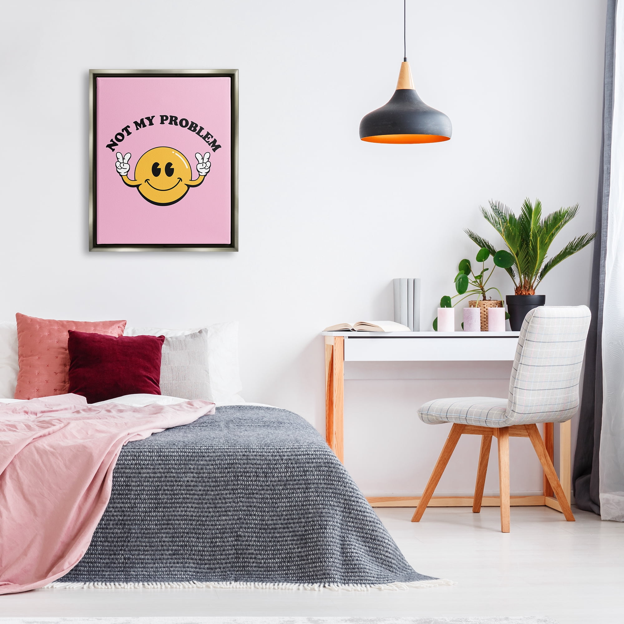 Stupell Industries Not My Problem Retro Smiley Typography Painting Gray Floater Framed Canvas Art Print Wall Art, 25 x 31