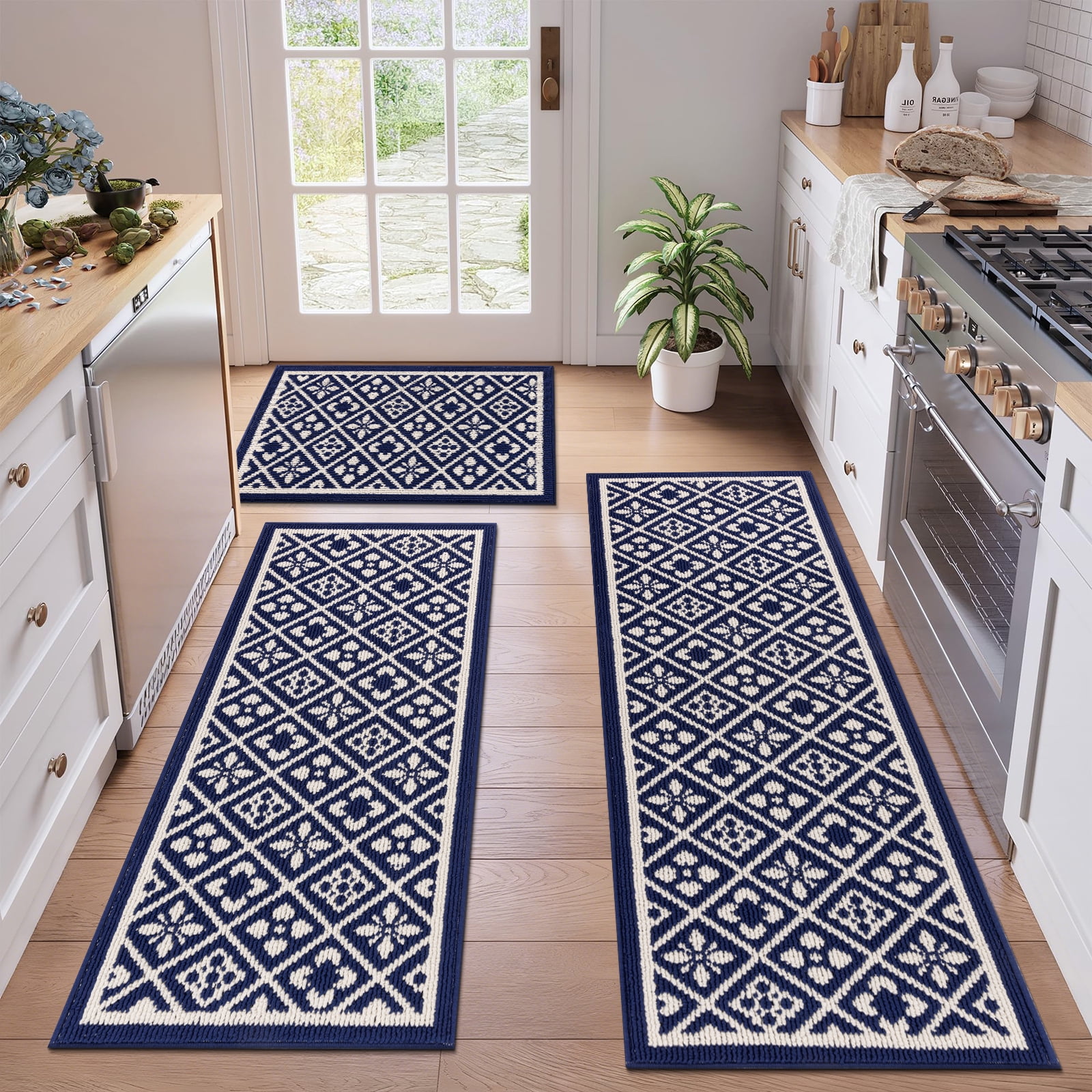 Vaukki Farmhouse Kitchen Rugs Sets of 3, Non Slip Kitchen Floor Mats Washable Kitchen Runner Rug, Blue