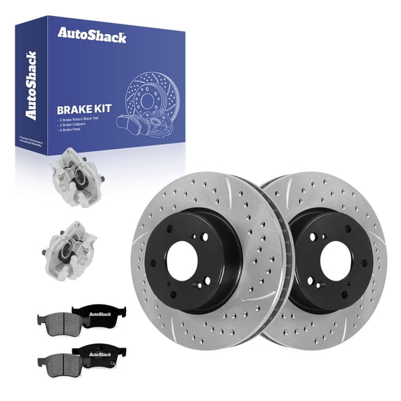 AutoShack Front Vented Drilled & Slotted E-Coated Brake Rotors   Premium Ceramic Pads   Calipers 8-PC Brake Kit Replacement for 2022-2024 Honda Civic ShadowGuard 11.1" (281.95 mm)
