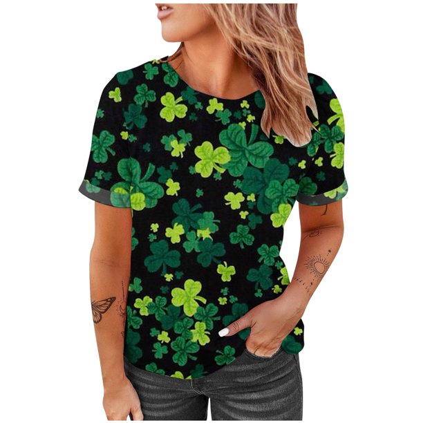 Camiseta con estampado de cuello redondo para mujer a la moda del Día de San Patricio, camiseta de manga corta de verano, blusa Pompotops hkajfhjk461566
