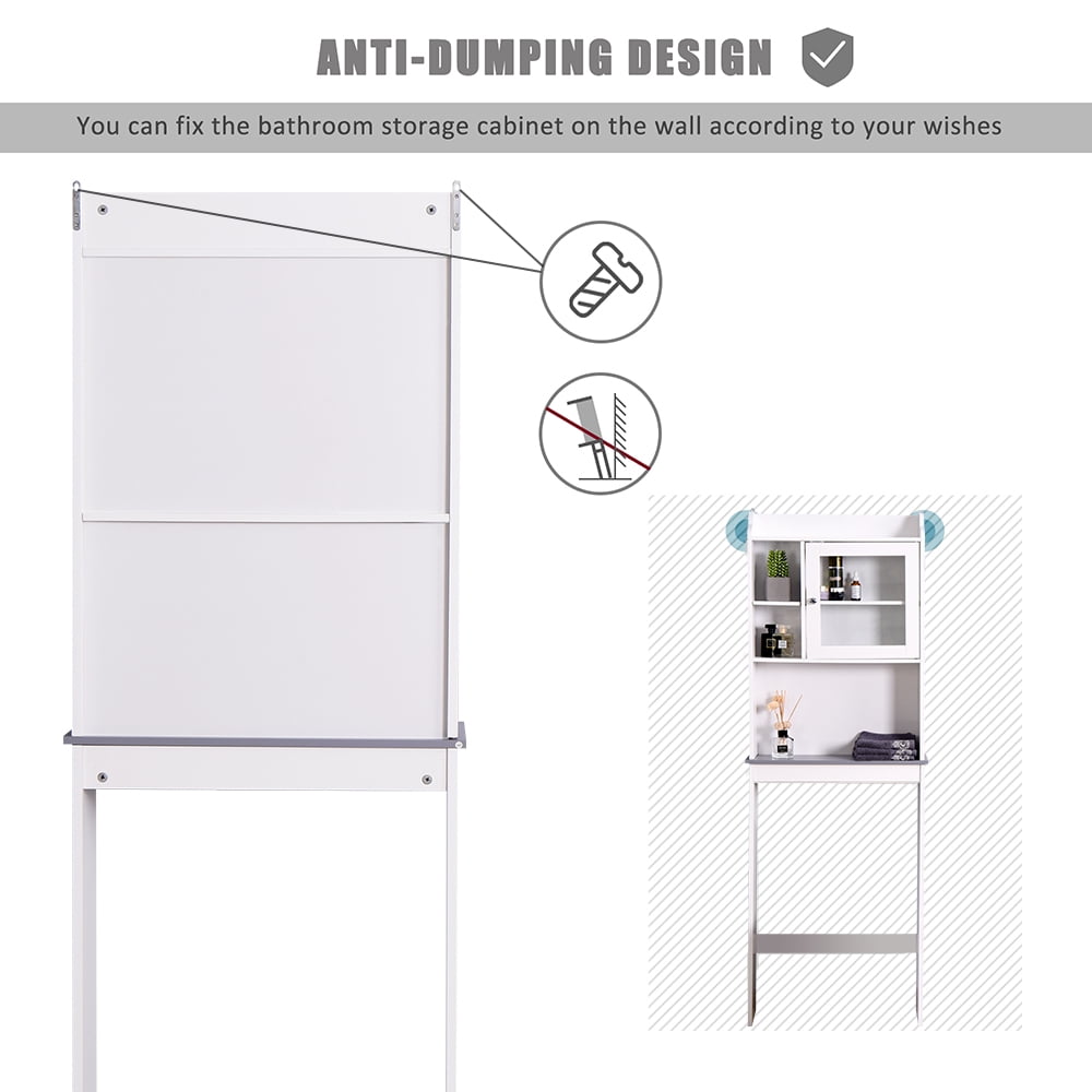 Over-The-Toilet Space Saver, Bathroom Storage Cabinet, Toilet Organizer with Adjustable Shelves and Door Cabinet, Wooden Behind Toilet Storage for Space Saving, Easy Assembly - White, K3822