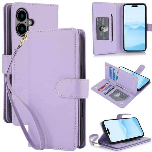 Wallet Case for iPhone 16, RFID Blocking Flip Cover with 7 Card Slots, Cash Compartment, Magnetic Closure, and Hands-Free Stand, Slim Protective Phone Case with Wrist Strap,Lightpurple