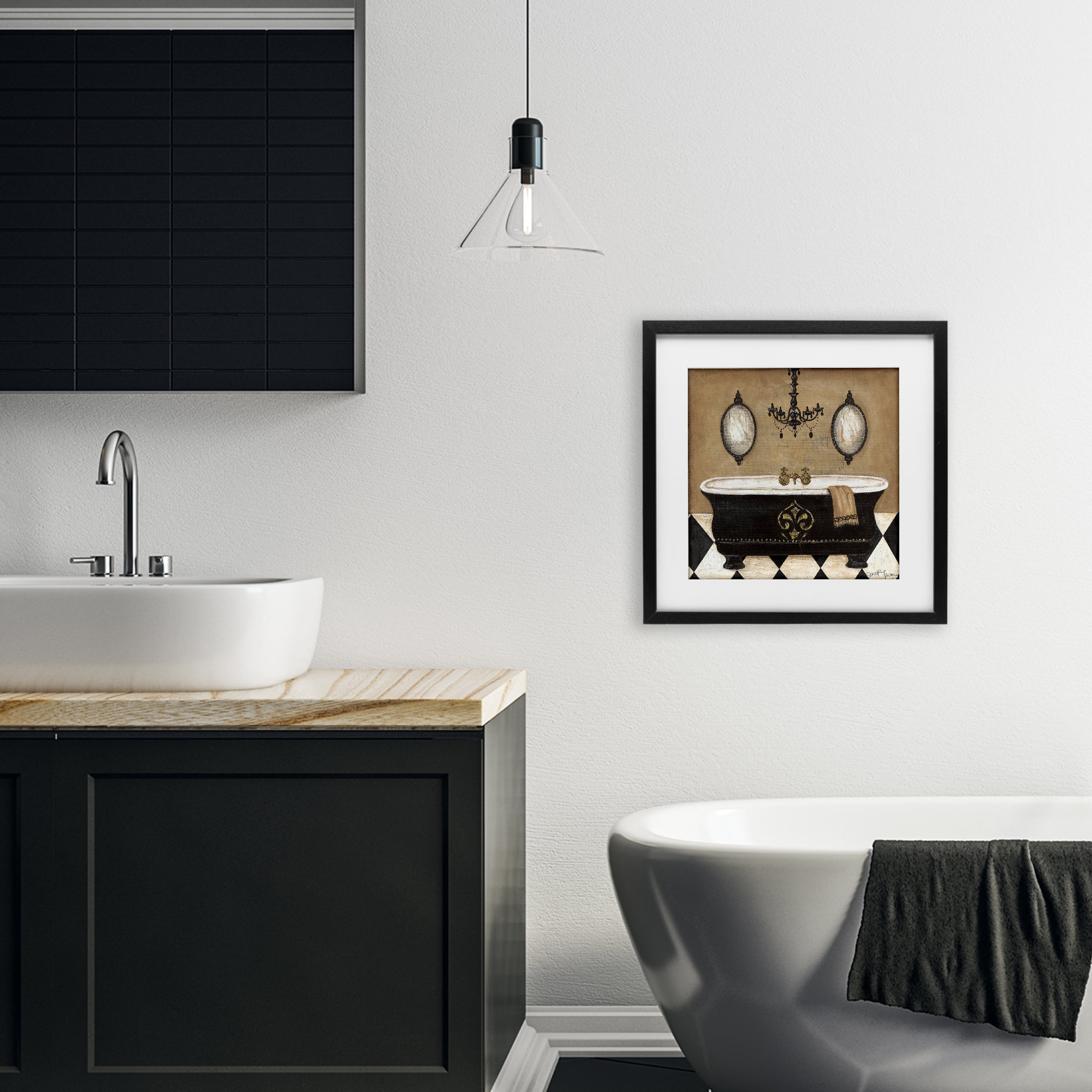 Stupell Industries Elegant Bathtub & Chandelier Black Framed Print Under Glass, design by Janet Tava
