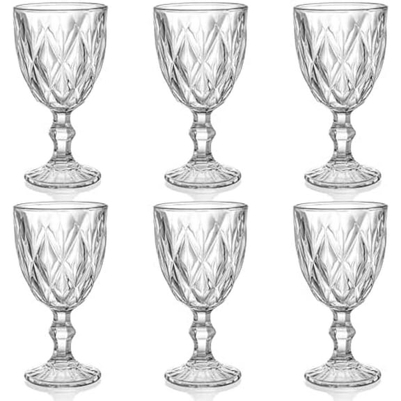 6 Pack Glasses Goblet, 10oz Vintage Embossed Glass Cup, Beverage Stemmed Party Wine Glasses for Soda, Juice in Bars, Restaurants, Home$$Home Decor, Kitchen, & Other