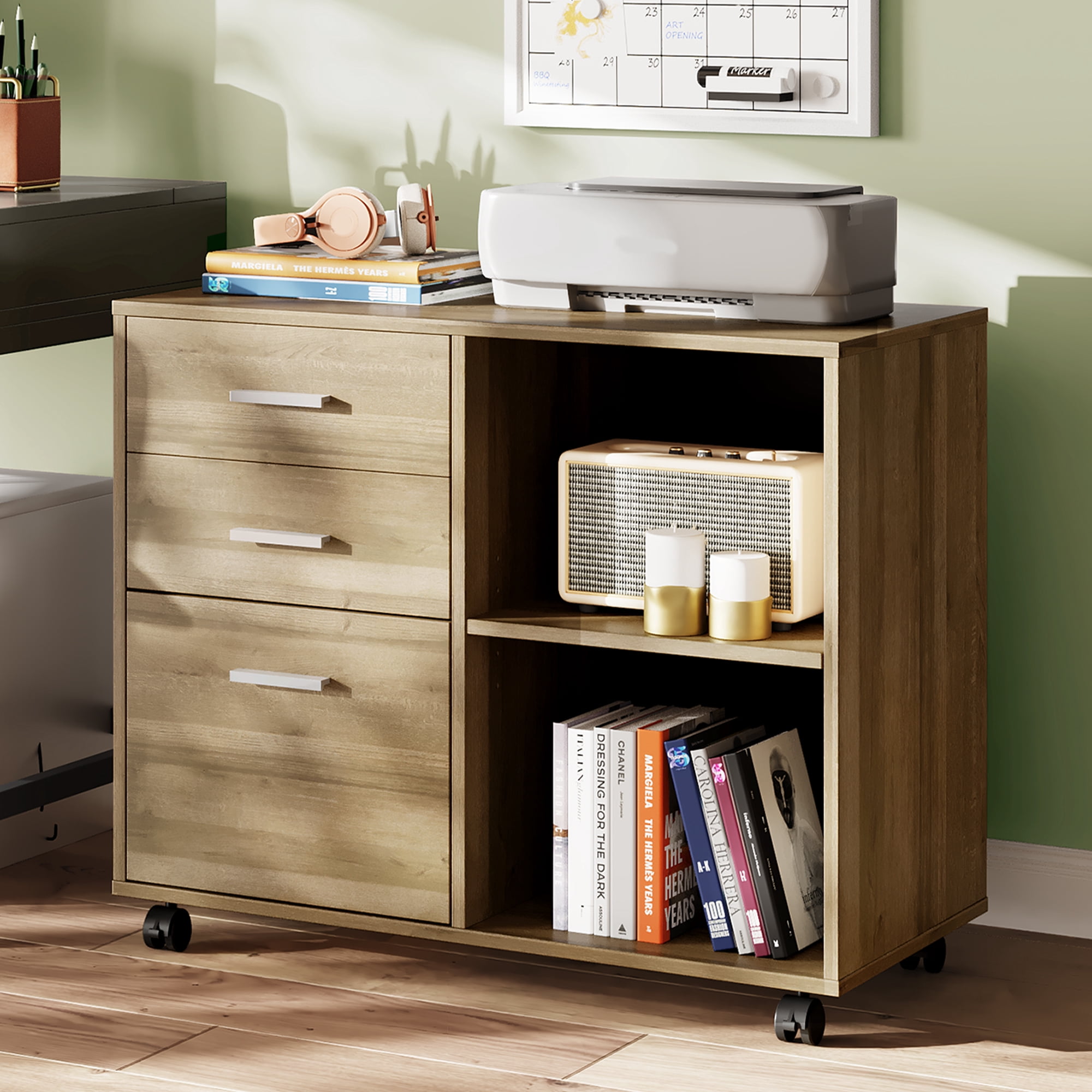 GALAXHERO 3-Drawer Wood File Cabinet, Mobile Lateral Filing Cabinet with Printer Stand and Open Shelves for Home Office, Gray Oak
