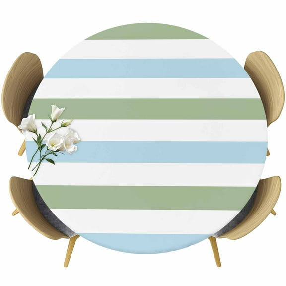 Sage Green Blue Striped Round Tablecloth 45-54 Inch Round Fitted Table Cloth with Elastic Edge, Farmhouse Sage Green Stripes Waterproof Table Cover Protector for Outdoor Picnic Party Dining