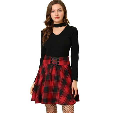 Jupe courte trapÃ¨ze plissÃ©e taille haute Ã carreaux pour femmes rouge XS  | Walmart Canada