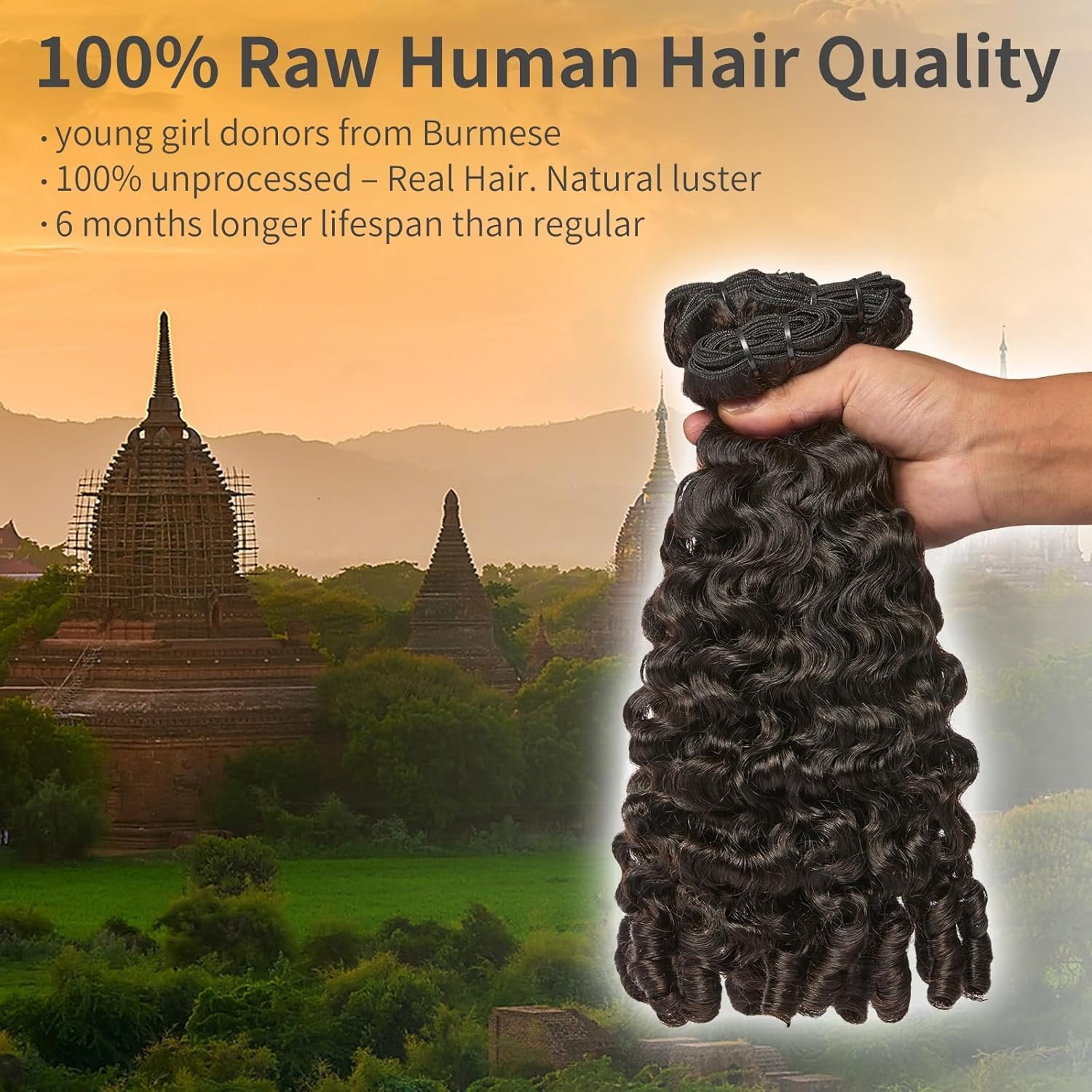 Burmese Curly  Human Hair Unprocessed  Burmese Curly Water Wave Human Hair 3   Black 14 16 18 inch