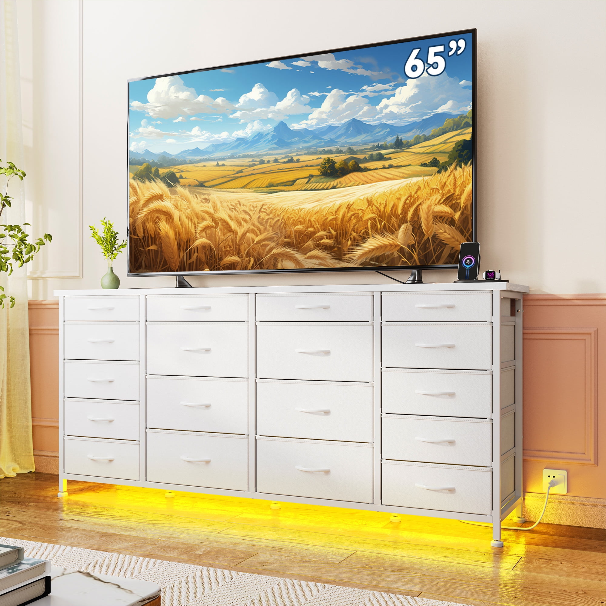 EnHomee 18 Drawers White Dresser with LED Lights & Power Outlets Long Dresser for 65" TV Stand for Living Room Large Fabric Dressers & Chests of Drawers for Bedroom