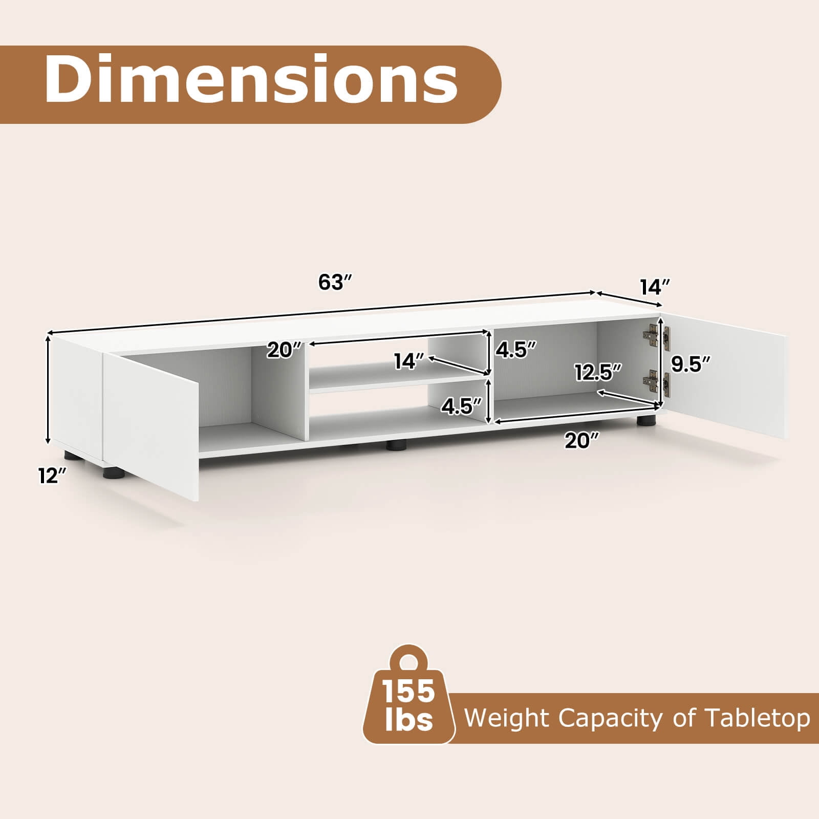 Costway TV Stand for up to 70” TVs, Media Console Table with Double Doors & Open Shelves White