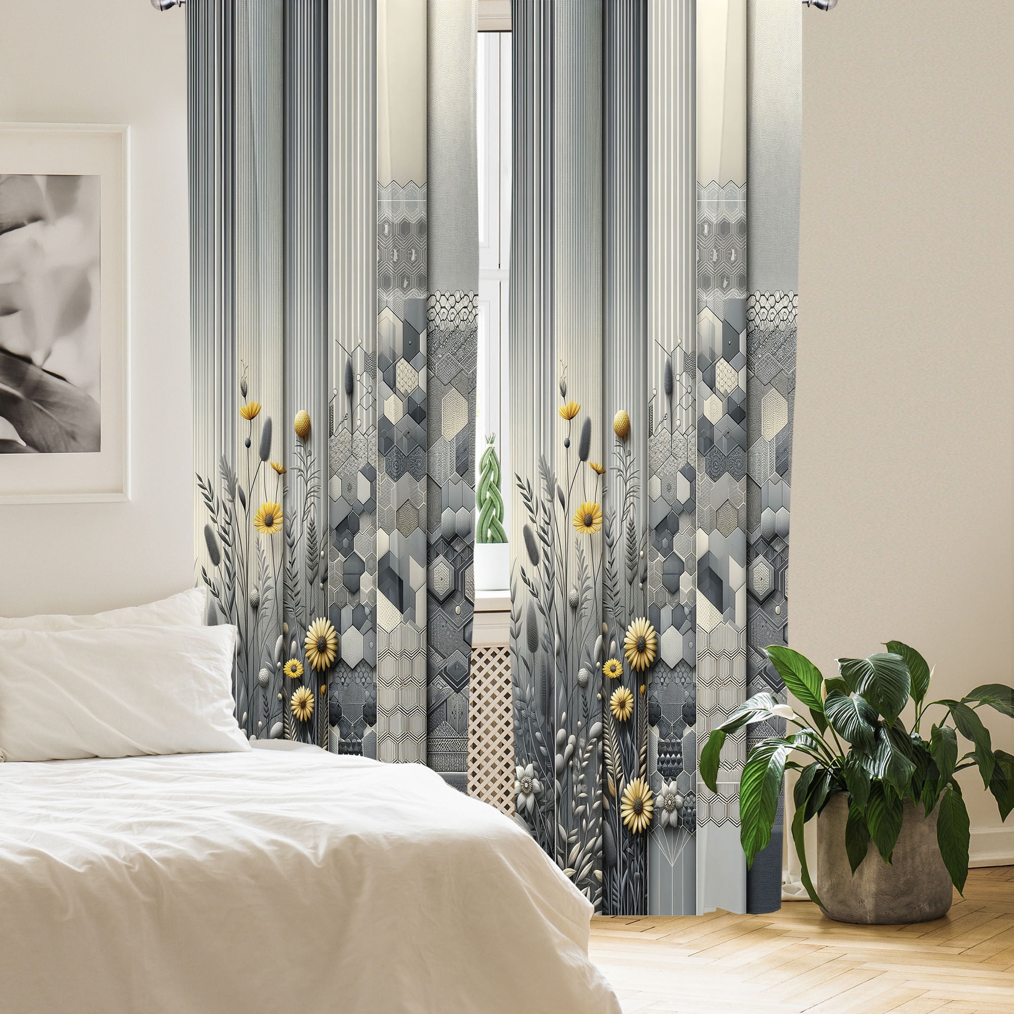 Ambesonne Grey Curtains 2 Panel Set, Geometric Flourishing Motif, Pair of - 28" x 63", Dimgray Yellow and Blue