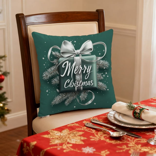 Ireezec Christmas Holiday Pillow Cover Polyester Cushion Case with Festive Wreath Gifts Tree Balls Pattern for Living Room Sofa Bed Decorations Home Seasonal Decorative Accessories