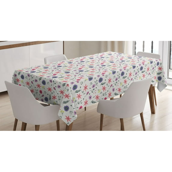 Spring Tablecloth, Simple Doodle Style Nature Elements as Botanical Herbs and Blooming Fresh Petals, Rectangle Satin Table Cover Accent for Dining Room and Kitchen, 60" X 84", Multicolor, by Ambesonne