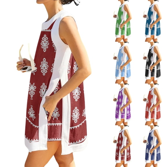 OIOLOYJM 2 Piece Sets for Women Casual Dress Boho Vintage Print Side Split Sleeveless Crew Neck Tank Top and Elastic Waist Shorts Comfy Lounge Vacation Travel Outfits with Pockets Wine L