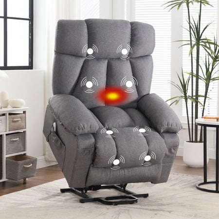 JONPONY Power Lift Recliner Chair with Heat and Massage, Lay Flat Assist Recliner with Side Pocket, USB Charge Port for Living Room,Grey