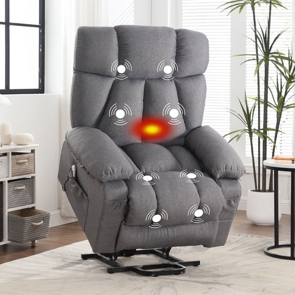 JONPONY Power Lift Recliner Chair with Heat and Massage, Lay Flat Assist Recliner with Side Pocket, USB Charge Port for Living Room,Grey