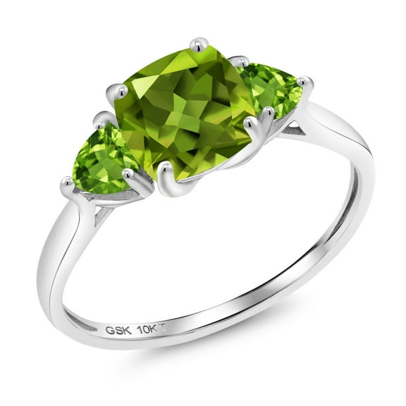 Gem Stone King 10K White Gold Green Peridot 3-Stone Engagement Ring for Women (2.22 Cttw, 7MM Cushion and 4MM Trillion, Size 7)