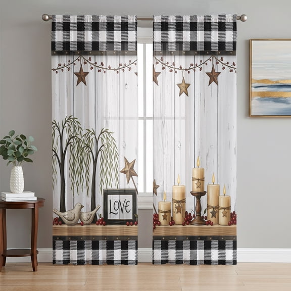 Texas Star Tree Sheer Curtains 96 Inch Length 2 Panels Set, Farmhouse Candles Birds Berry Black Plaid Voile Window Treatment Semi Sheer Long Curtains Drapes for Bedroom/Living Room/Kitchen 52"x96"x2