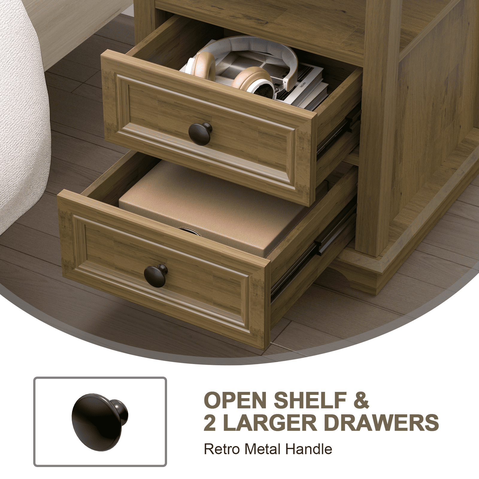 FAGAGA End Table with 2 Drawers, Wooden Nightstand with Charging Station for Bedroom, Light Brown