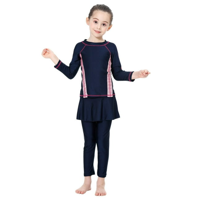 Ticikt Girls' 2 Piece Swimsuit Set Long Sleeve Long Pants Rashguard Set Sun Protection Swimdress 2026 Fashion,Color:Navy,2-3 Years