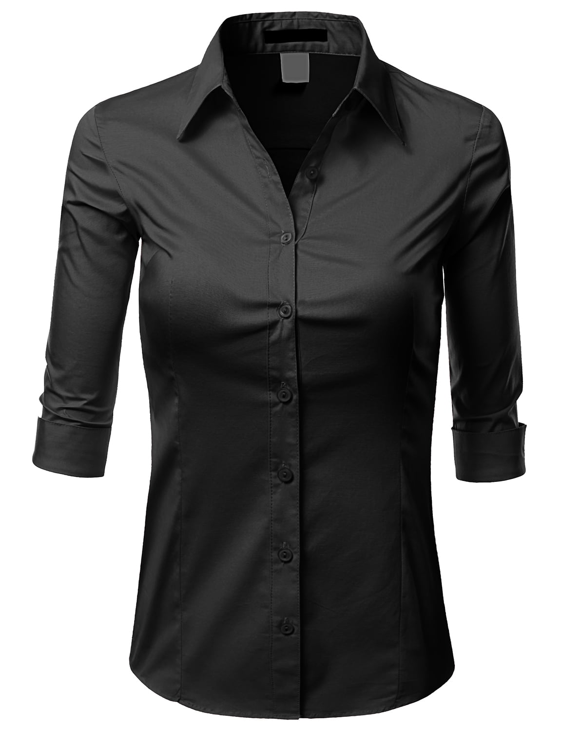 Womens 3 4 Sleeve Cotton Button Down Collared Shirt